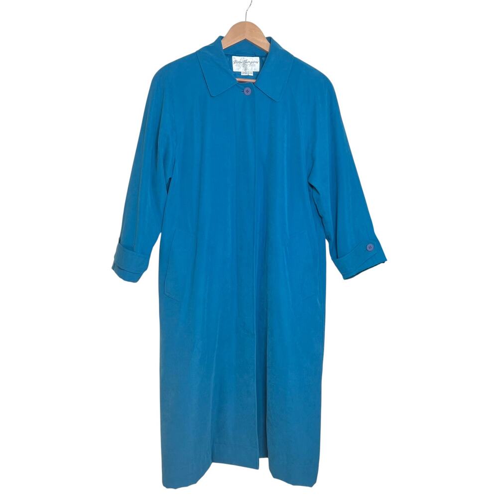 Norm Thompson Vintage Women's Size PM Trench Coat Teal Blue Belted Overcoat